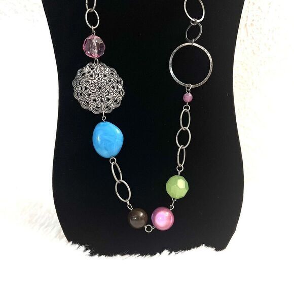 DECREE MULTICOLOR/SILVER TONE BEADED/LINK 36-INCH-LONG NECKLACE - Picture 3 of 8